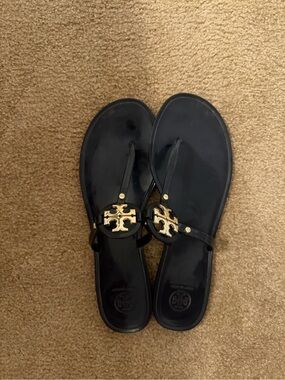 Tory Burch Black Jelly Thong Sandals with Gold Logo